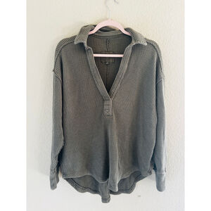 Vintage Aerie Green Waffle Knit Thermal Henley Top Size S Oversized